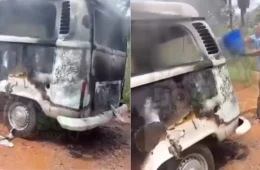 VÍDEO: Kombi do transporte escolar pega fogo em vicinal de Caracaraí