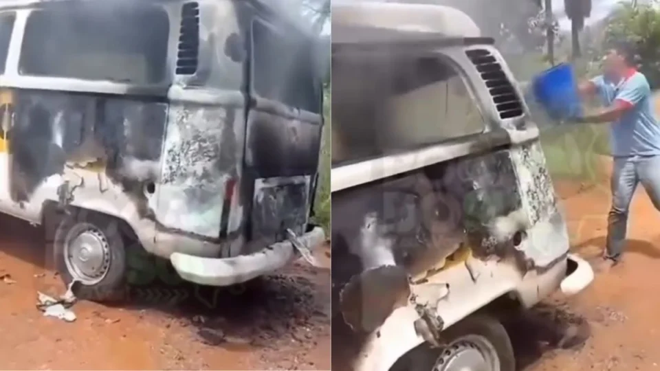 VÍDEO: Kombi do transporte escolar pega fogo em vicinal de Caracaraí