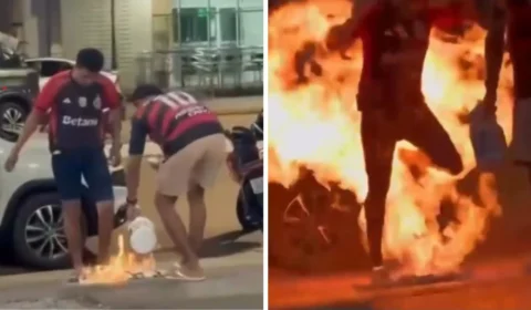VÍDEO: Torcedor do Flamengo se dá mal ao tentar queimar camisa do Palmeiras