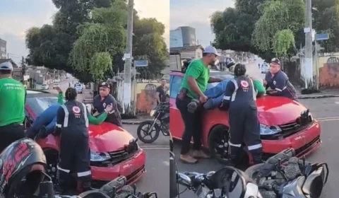 Motociclista é arremessado e fica sobre capô de carro após colisão em Rio Branco; veja o vídeo