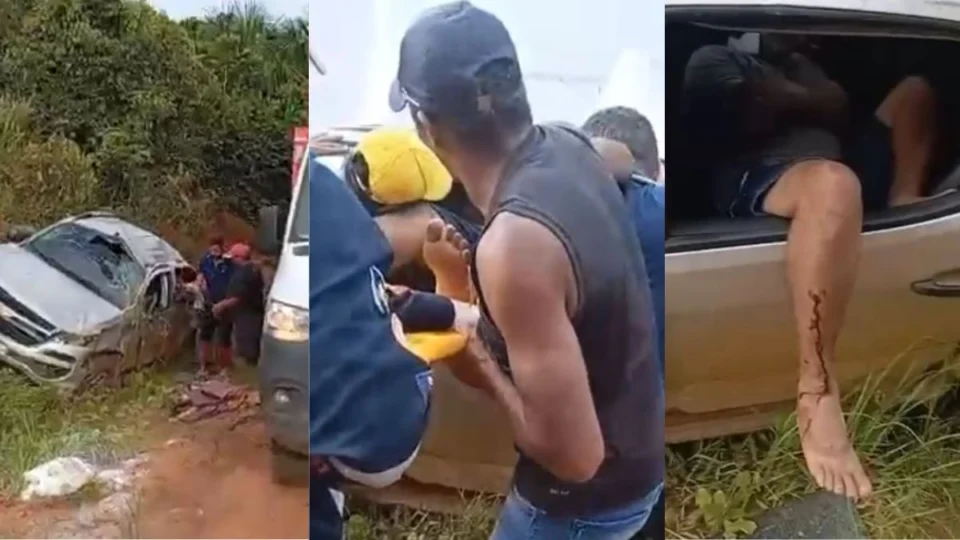 VÍDEO: Dois homens ficam feridos após caminhonete capotar no ramal Jatuarana em Porto Velho