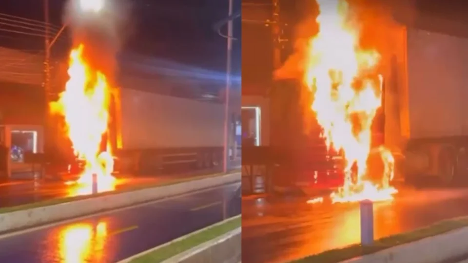 VÍDEO: caminhão de transporte de alimentos pega fogo na Via Chico Mendes, em Rio Branco