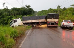 BR-174 é bloqueada após caminhão com milho perder controle em ladeira