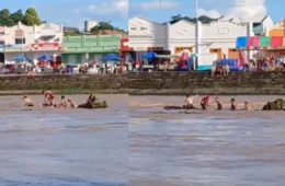Cena de risco: jovens se expõem ao perigo durante cheia do Rio Acre na Gameleira