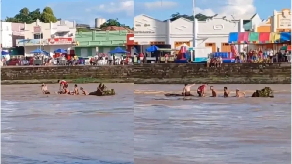 Cena de risco: jovens se expõem ao perigo durante cheia do Rio Acre na Gameleira